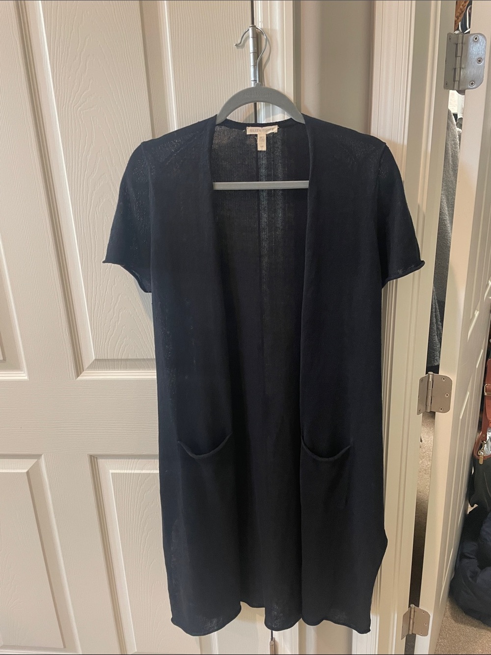 Eileen Fisher Open-Front Short-Sleeve Cardigan in black 100% organic cotton